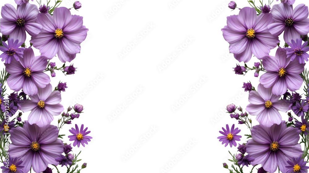 Fototapeta premium Purple Cosmos Flowers Frame Black Background