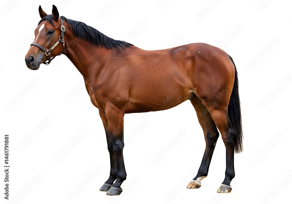 Obraz premium A brown horse with a black mane and tail standing on a white background in a side profile view pose