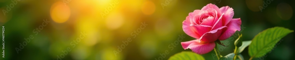 Sunlit pink rose, lush green leaves, central focus, vibrant, plant Sunlit pink rose, lush green leaves, central focus, vibrant, plant