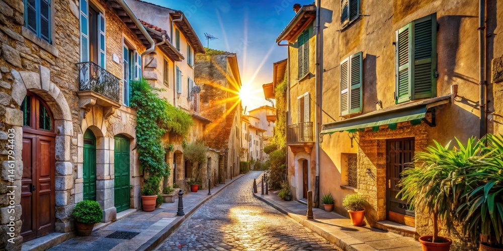 Fototapeta premium Cannes Old Town Street Photography, French Riviera Vintage Architecture, Charming Alleyway, Historic Buildings, Coastal Townscape