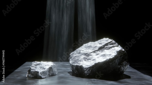 Metallic rocks on a dark surface, illuminated by a light beam