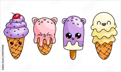 Vector illustration of ice cream in kawaii style