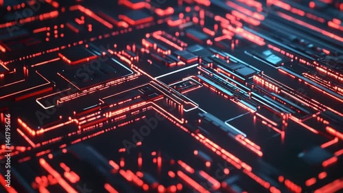 Futuristic circuit board with glowing red and blue lines for technology advancement