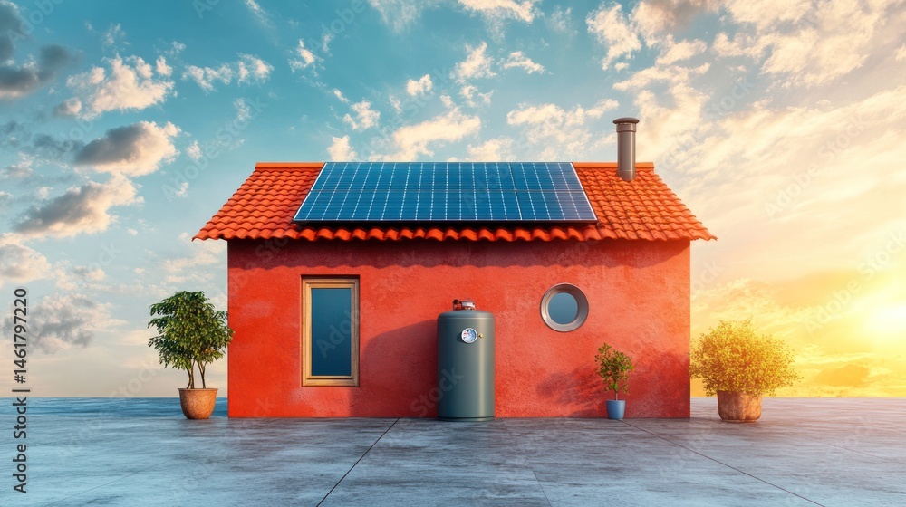 Obraz premium Sustainable home with solar panels and water heater