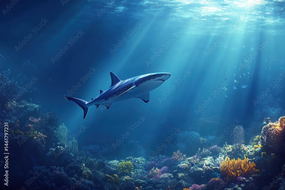Fototapeta premium shark swimming just above a coral reef, soft light refracting off the sea floor
