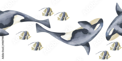Photography Deep sea life seamless border with black whale orca and aquarium striped fish watercolor illustrations