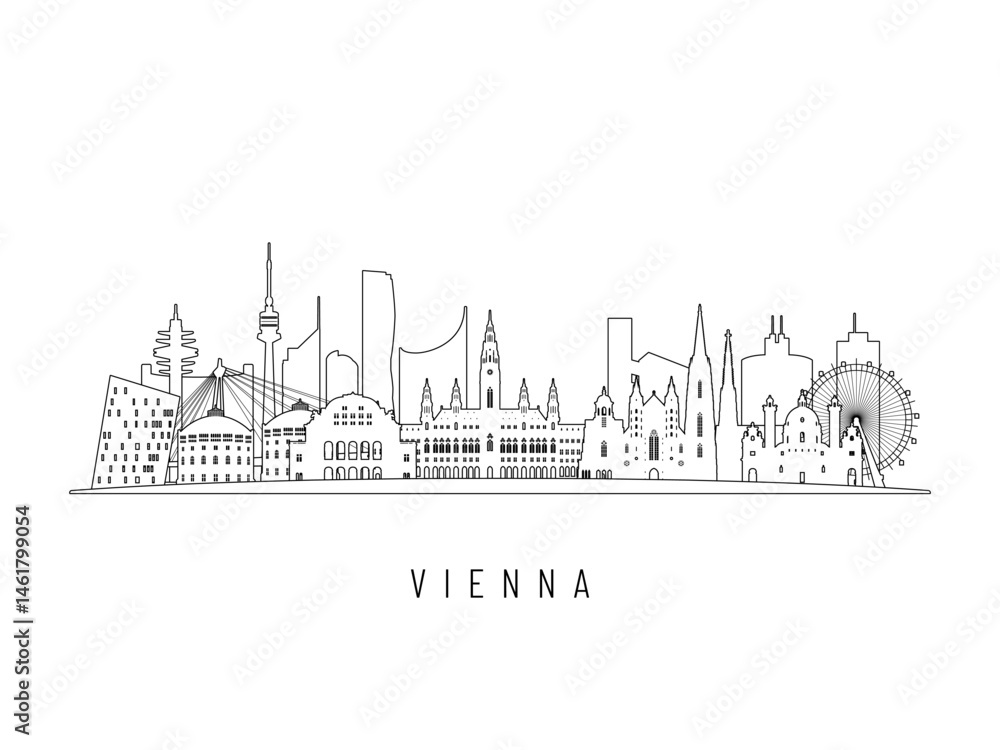 Obraz premium Detailed Vienna skyline vector illustration. Vienna buildings in line art style, perfect for modern designs.