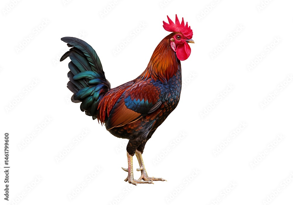 Fototapeta premium A colorful rooster standing tall with vibrant plumage isolated on a clean white background image view