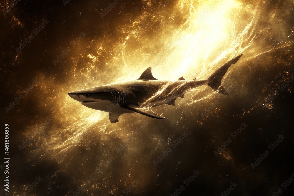 Shark swimming upward toward light, symbolism of power and rise Shark swimming upward toward light, symbolism of power and rise