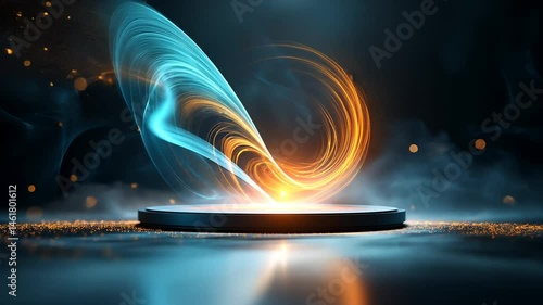 Abstract swirl of energy, light, and smoke. Illuminated platform, dark background