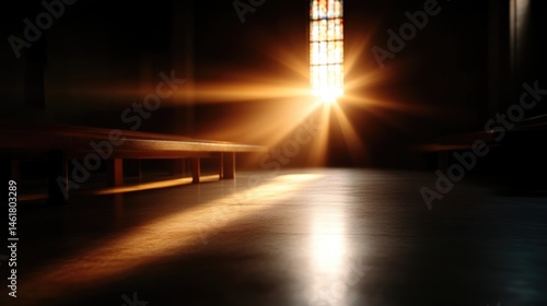 Sunlight streams through stained-glass window, illuminating church interior