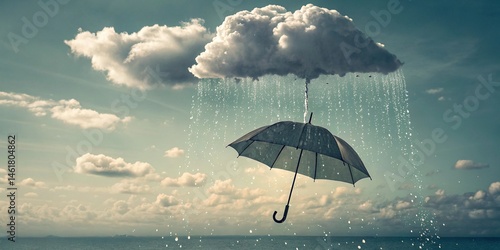 Cloud raining upside-down onto a floating umbrella, reversed physics concept