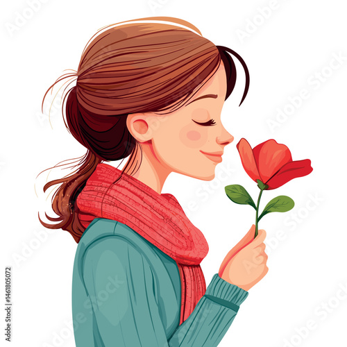 happy young woman smells a flower isolated vector illustration