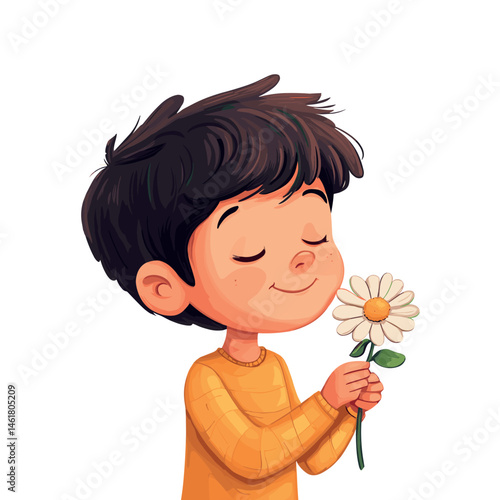 cute little boy smells a flower isolated vector illustration