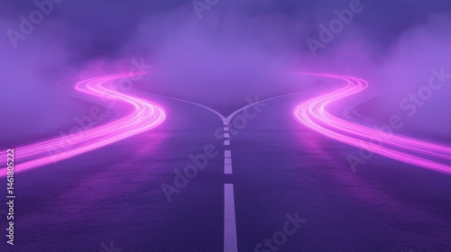 Foggy road fork at night