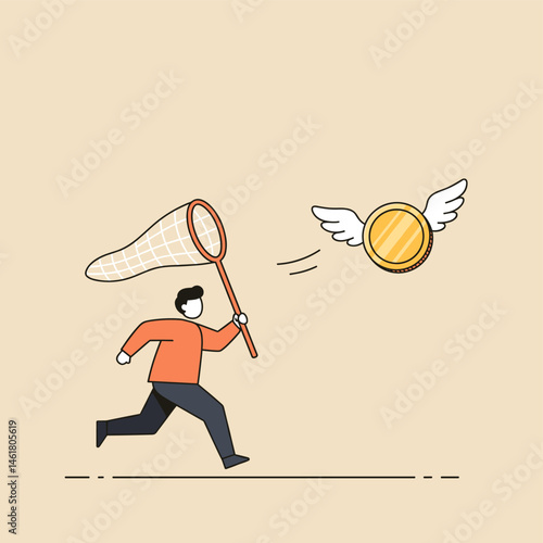Man with net chasing flying gold coin with wing