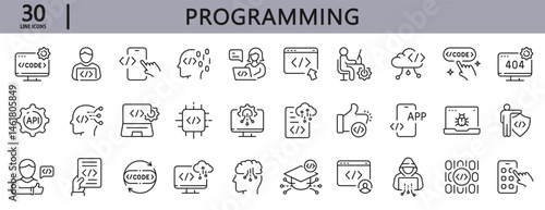 Programming line icons set with Coding, Developer, Code, Software, Application, Technology, Computing and more. Editable Stroke