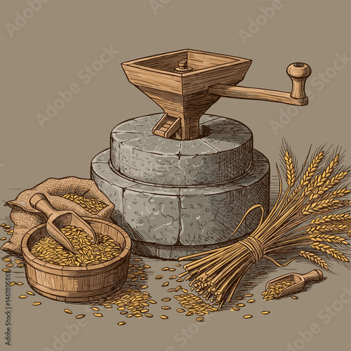 Ancient stone millstone with wheat grain, bowl, and sack