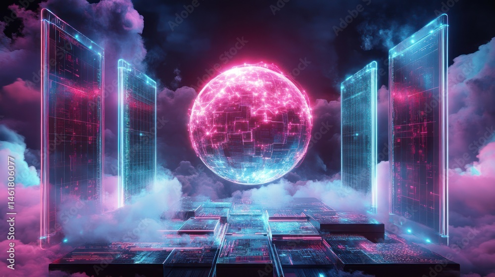 Fototapeta premium Futuristic digital landscape with glowing, translucent structures and a vibrant, orb-like sun. Transparent, glowing server racks flank a central orb. Abstract cloud formations