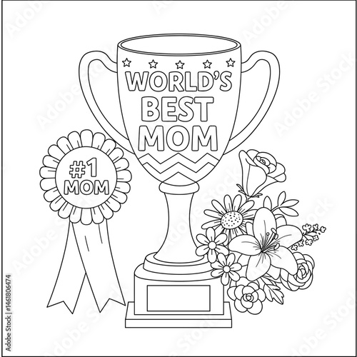 World's Best Mom trophy and #1 Mom ribbon coloring page outline