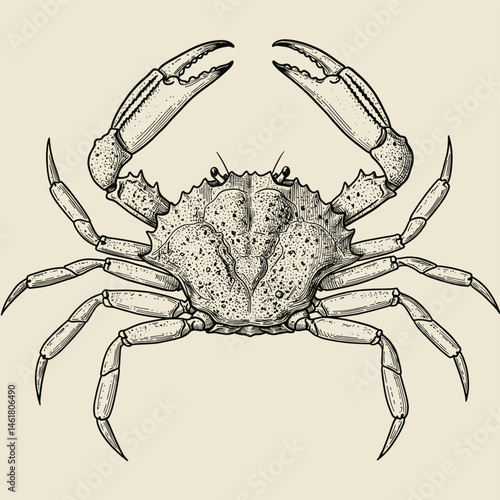 Detailed crab sketch illustration, top view, on beige background