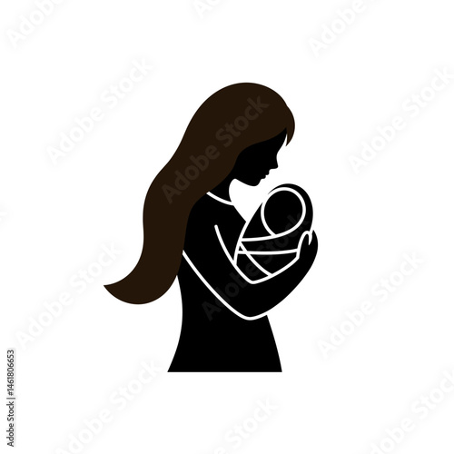 Mother's Gentle Embrace: Silhouette of a mother tenderly cradling her baby, a timeless symbol of maternal love, care, and the precious bond.