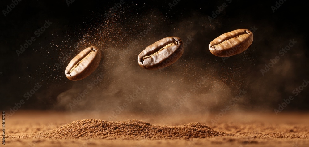 coffee beans and powder in rich brown tones, showcasing enticing aroma, caffeine for energy, premium ingredient quality, brewing methods, and visually suspended elements coffee beans and powder in rich brown tones, showcasing enticing aroma, caffeine for energy, premium ingredient quality, brewing methods, and visually suspended elements