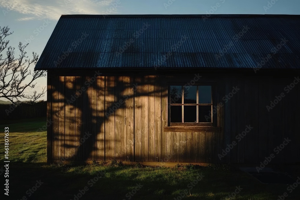 Rustic shed casting long shadows at golden hour Rustic shed casting long shadows at golden hour