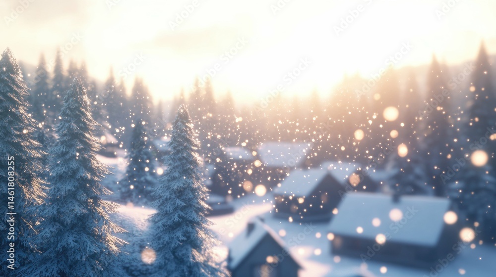 Naklejka premium Winter wonderland: snow-covered trees and cozy cabins in soft sunlight