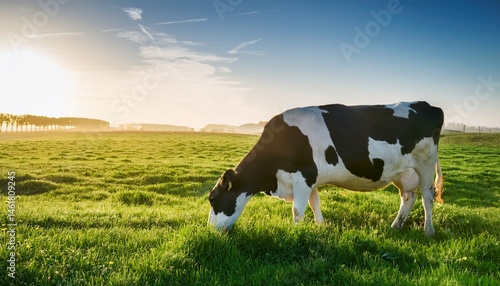 one dutch milk cow eating grass in green pasture