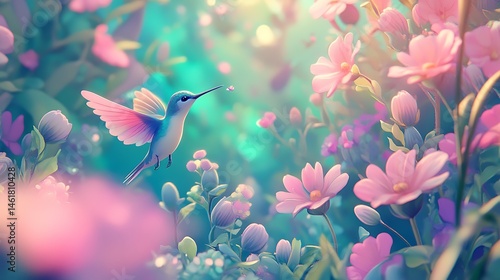 A pastel-colored anime dreamland with a tiny hummingbird dancing among flowers