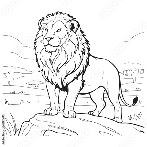 Coloring Page of a lion king on a rock in the savannah, surrounded by nature