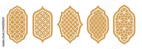 Set of ornate golden Islamic window or frame designs with geometric patterns. Elegant design elements ideal for Ramadan, Eid al-Adha, Eid al-Fitr and other holidays.