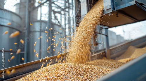 A close-up of a grain elevator with grain being loaded into bins