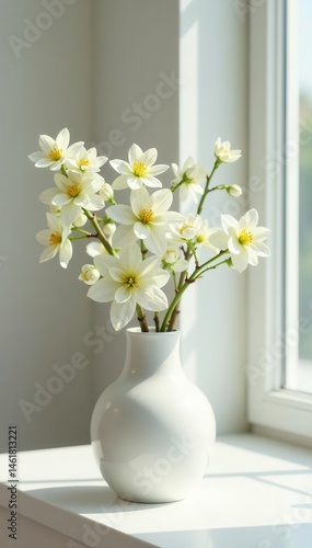 Wallpaper Mural Delicate white floral arrangement in a modern ceramic vase Peaceful springtime ambiance in a bright, minimalist setting , springtime, arrangement Torontodigital.ca