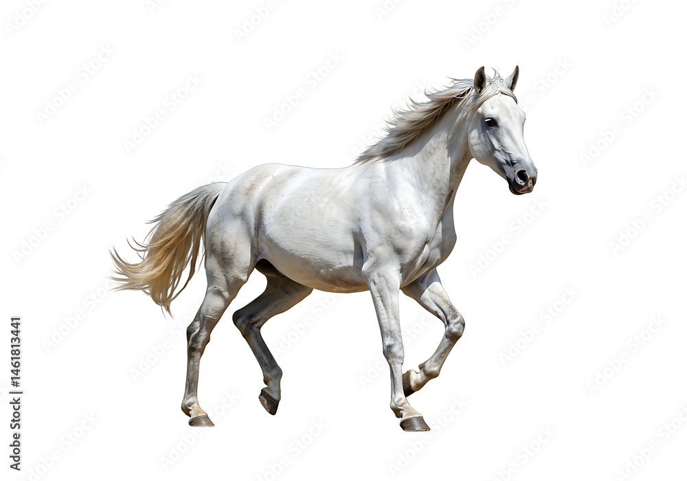 Fototapeta premium White Horse Galloping Dynamic Powerful Animal Energy Speed Graceful Majestic Stallion Running Wild