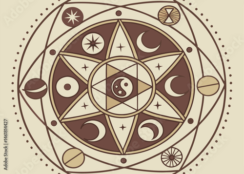 Elegant vector mandala where symbolic elements of different cultures are combined in perfect geometric harmony.