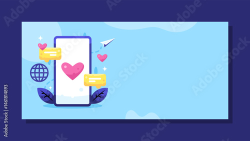 world social media day banner. illustration of smart phone with heart and chat. concept of social media day celebration and awareness. like, comment, post. blue horizontal background. elements. flat