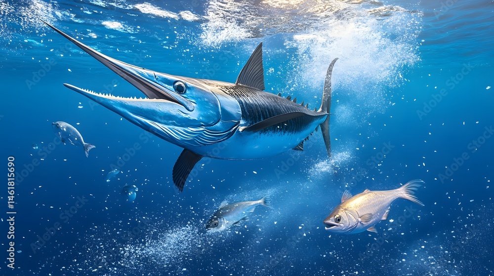 Obraz premium Majestic spearfish moving through vibrant underwater environment.