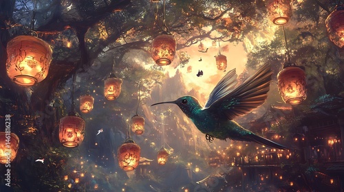 A shimmering hummingbird appearing in the reflection of a tranquil anime lake