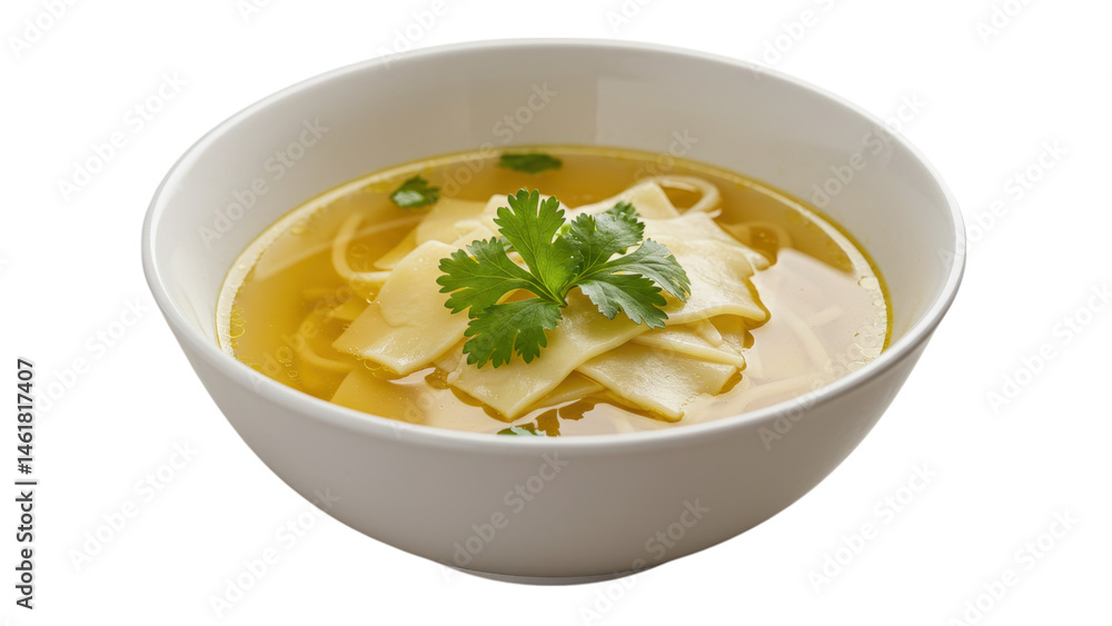 Bowl of creamy noodle soup with pieces of noodles and cilantro. isolated on transparent png Bowl of creamy noodle soup with pieces of noodles and cilantro. isolated on transparent png