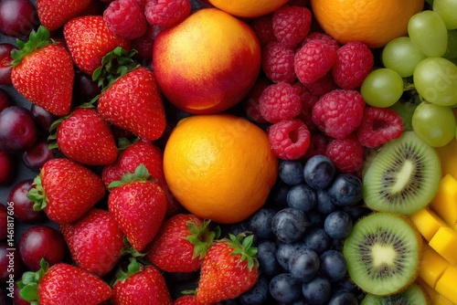 A vibrant mix of fresh fruit, including strawberries, raspberries, oranges, and kiwi.