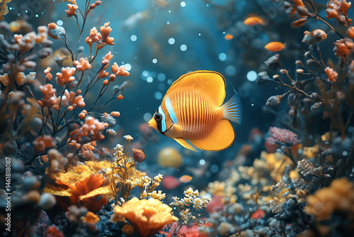 Fototapeta Naklejka Na Ścianę i Meble -  Vibrant tropical fish swimming through sunlit coral reef environment surrounded by colorful marine life, generative ai