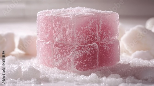 A realistic Turkish delight cube, dusted with sugar, on white