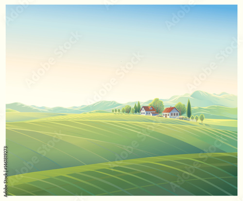 Rural summer landscape with village, and hills. Vector illustration.