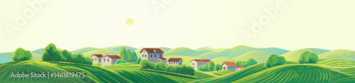 Summer rural landscape, with hills and agriculture fields and gardens, and village houses, on top of a hill. Vector illustration.
