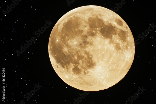 Detailed full moon rising in dark night sky with stars above the horizon astronomy photography
