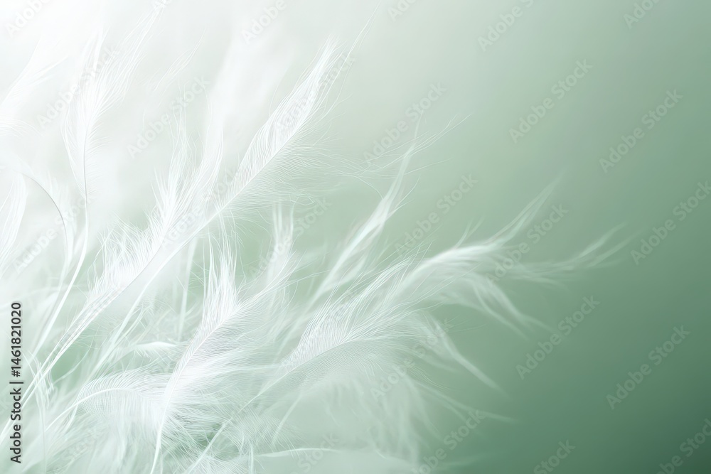 Fototapeta premium Delicate white feather details against a soft green backdrop.