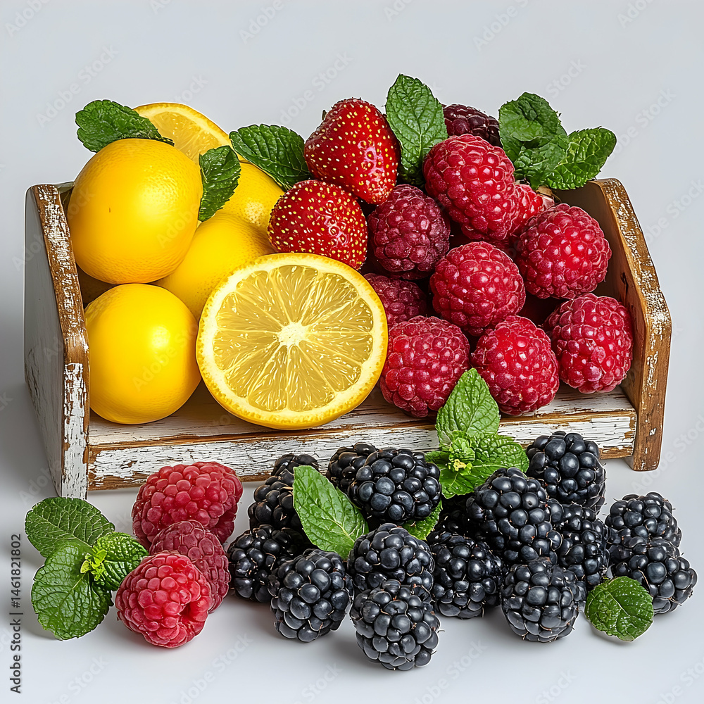 Assorted fruits and berries in wooden crate Assorted fruits and berries in wooden crate