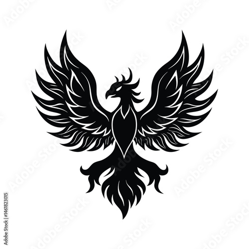 Elegant black phoenix bird with open wings symbol of rebirth and empowerment in vector format
